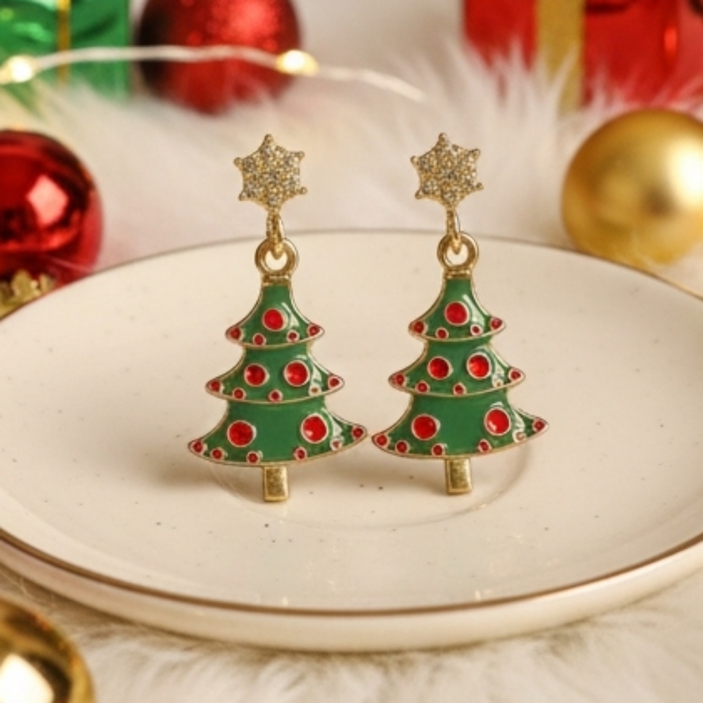Elegant ChristmasTree Earrings in Green and Gold
